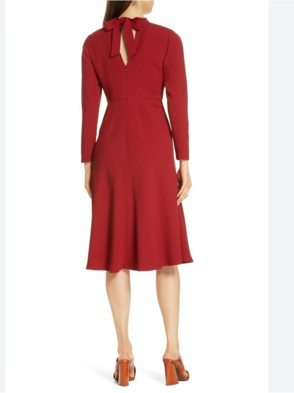 Lewit Red Bow Back V-Neck Long Sleeve Midi Dress Size 0 Elegant Evening